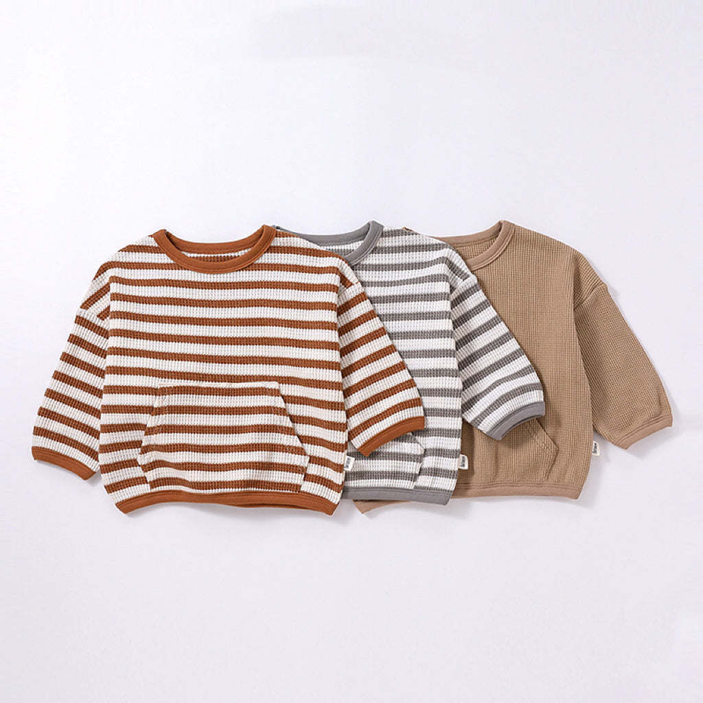 Baby Striped Pattern Or Solid Color Waffle Pocket Hoodie With Pants Sets