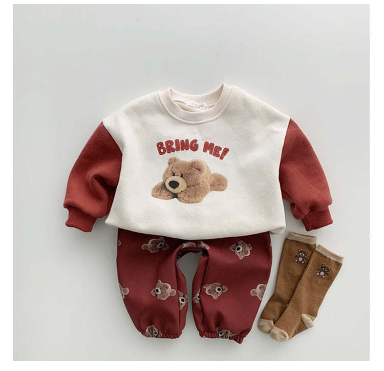 Baby Boy And Girl Bear Print Color Matching Design Spring Autumn Long Sleeve Hoodie