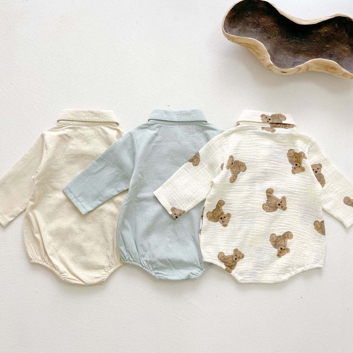 Baby Boy Solid Color & Bear Print Shirt Single Breasted Design Polo-Neck Onesies With Bow Tie