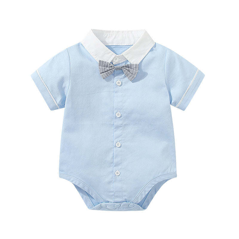 Baby Boy Solid Color Single Breasted Design Onesies With Bow Tie Combo Striped Overalls Shorts Sets