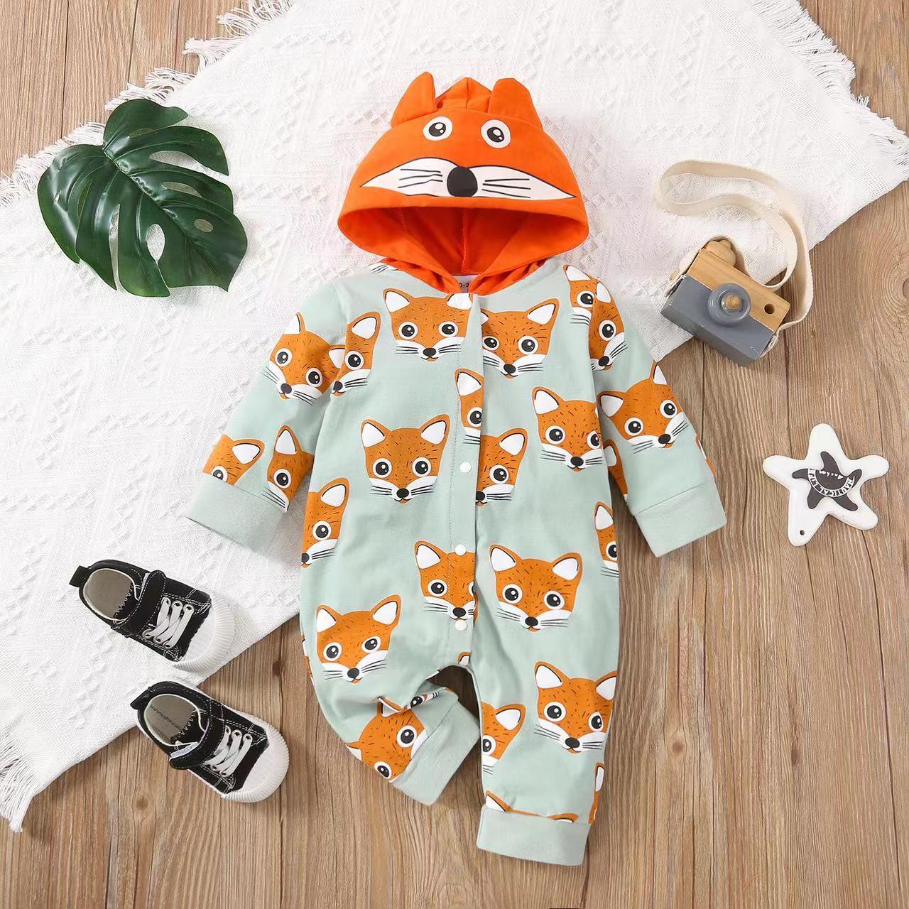 Baby Boy Allover Fox Pattern Button Front Lovely Romper With Hat Rompers