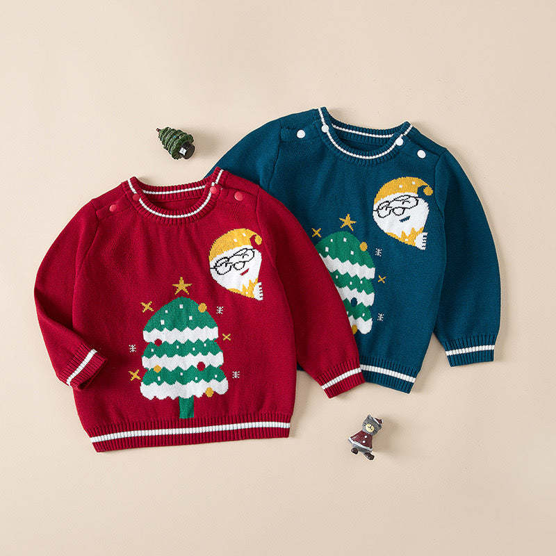 Baby Santas & Christmas Tree Graphic Shoulder Button Design Pullover Sweater