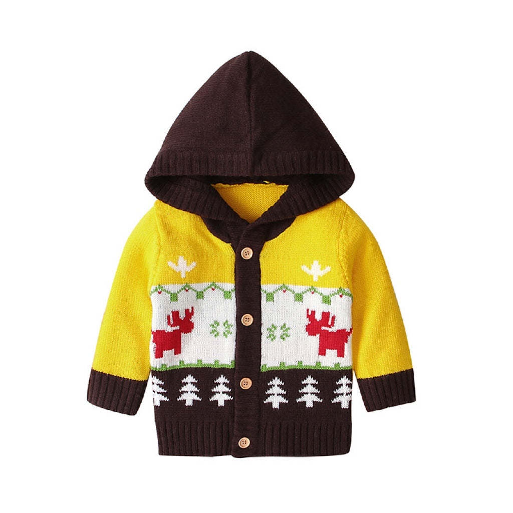 Baby Cartoon Christmas Giraffe Pattern Contrast Design Sweater Cardigan With Hat