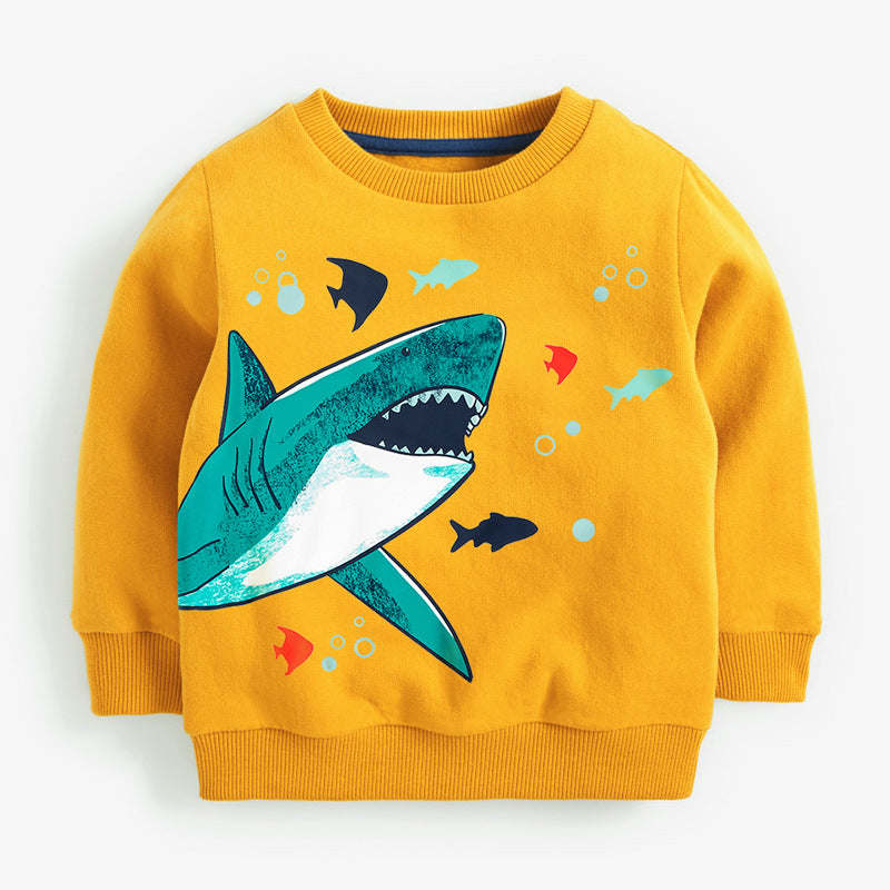 Baby Boy Cartoon Shark Graphic Hoodie Combo Solid Yellow Trousers Fleece Thermal Sets