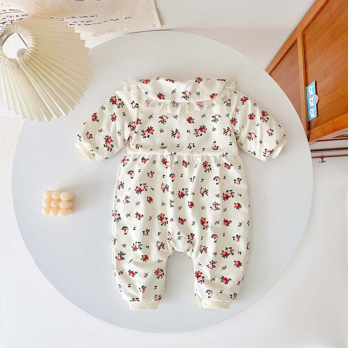 Baby Girl Floral Pattern Mesh Patched Design Doll Neck Jumpsuit