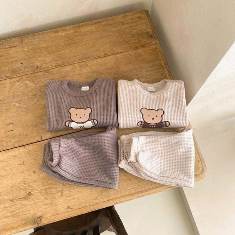 Baby Cartoon Bear Embroidered Pattern Waffle Fabric Hoodies Sets