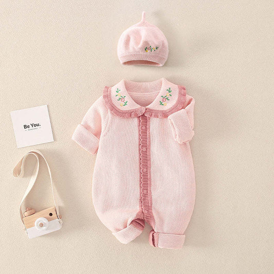 Baby Girl Floral Embroidered Pattern Knitted Romper With Hat