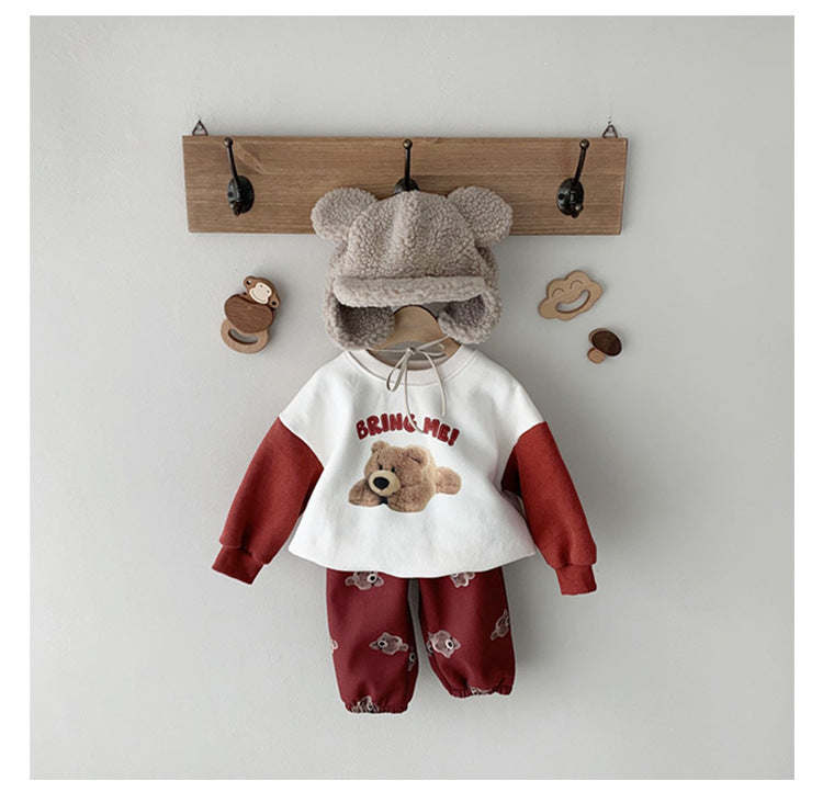 Baby Boy And Girl Bear Print Color Matching Design Spring Autumn Long Sleeve Hoodie