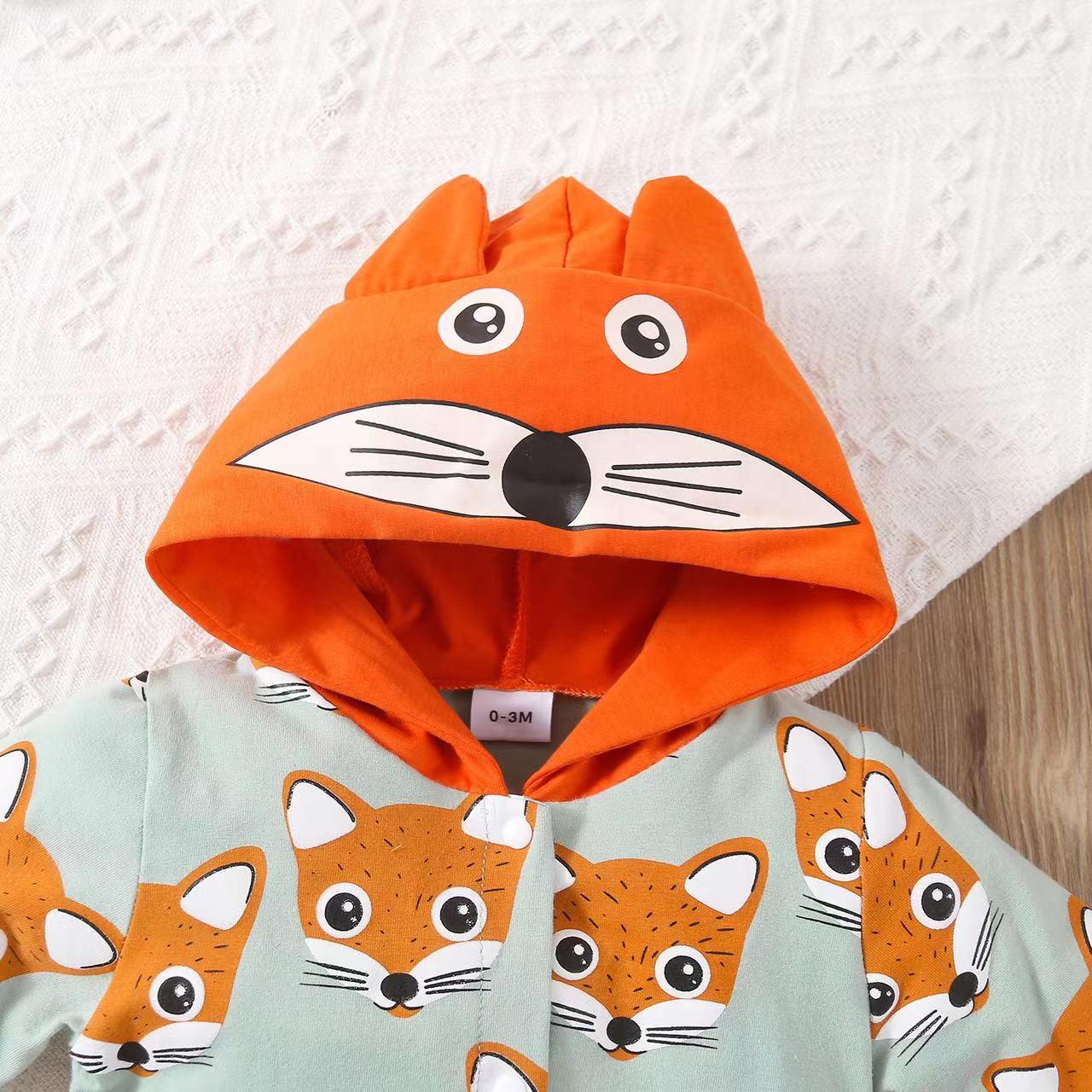 Baby Boy Allover Fox Pattern Button Front Lovely Romper With Hat Rompers