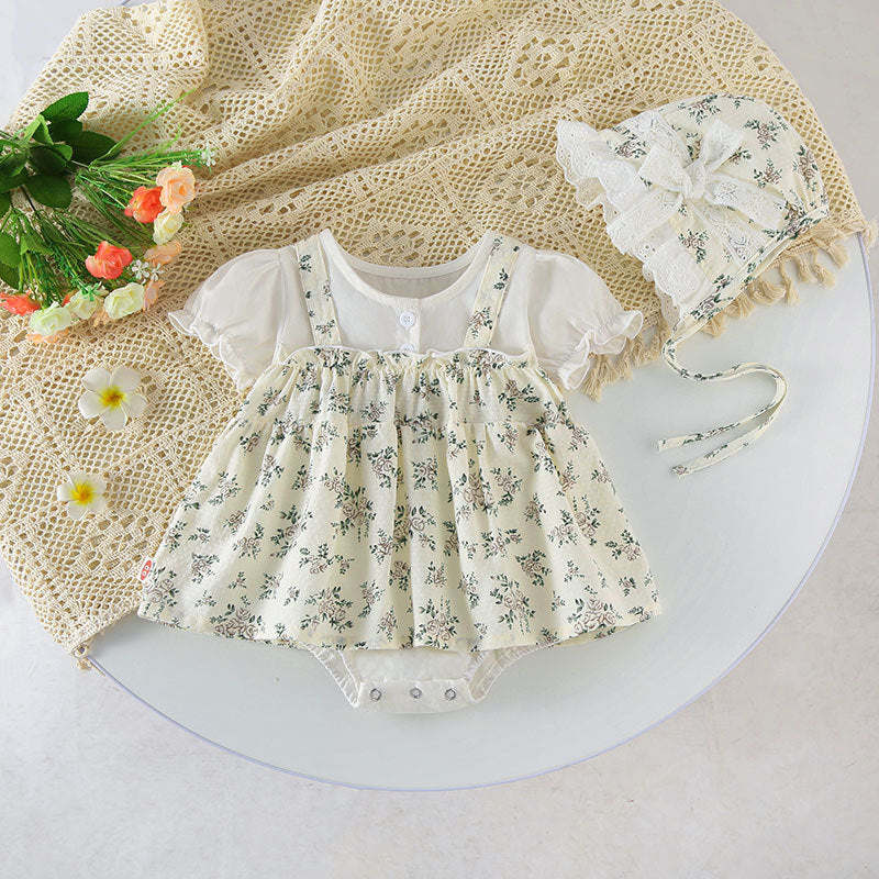 Baby Girl Floral Pattern Round Nek Short Sleeve Onesies Dress