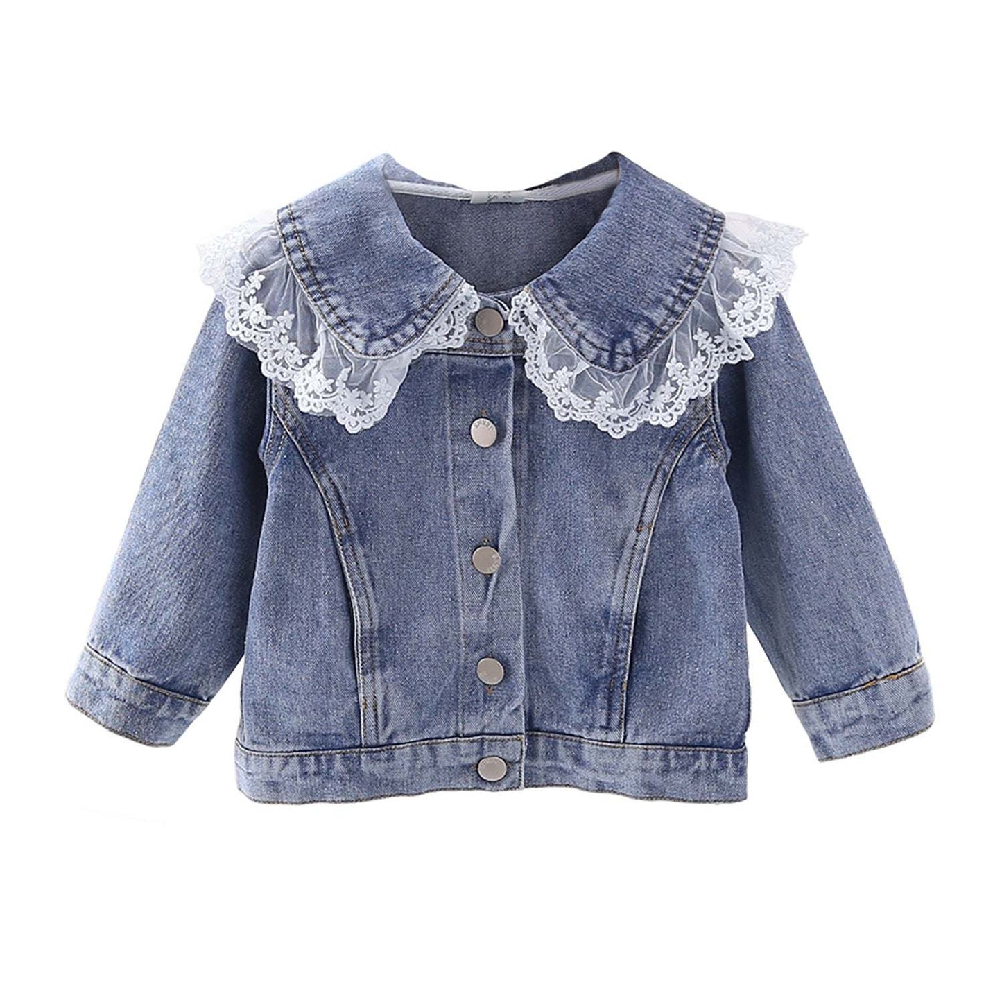 Baby Girl Lace Mesh Patches Doll Neck Button Front Design Sweet Style Denim Coat