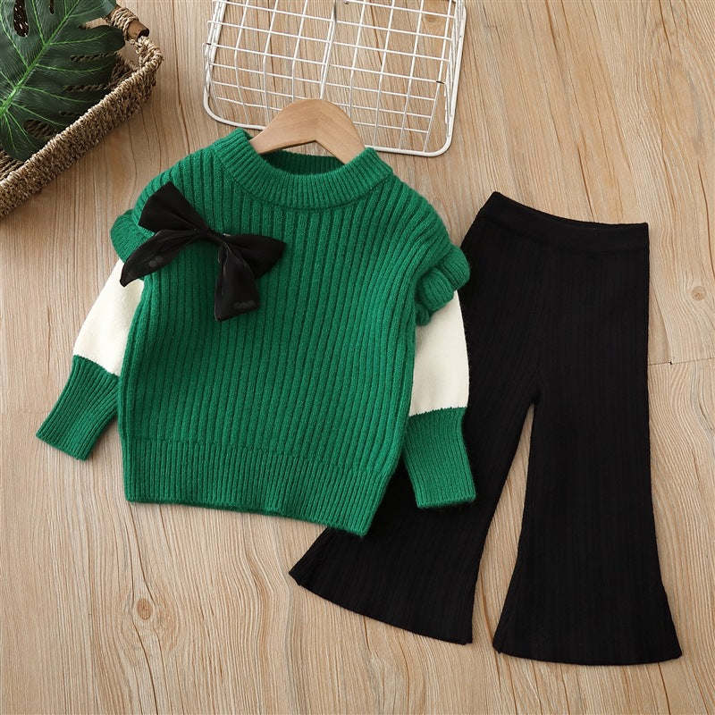 Baby Solid Color Bow Patched Sweater With Pants Sets