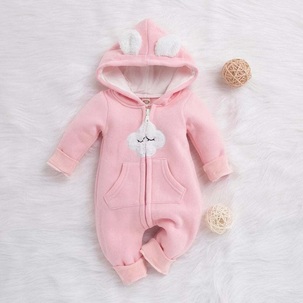 Baby Cartoon Cloud Pattern Zipper Front Solid Color Fleece Rompers With Hat