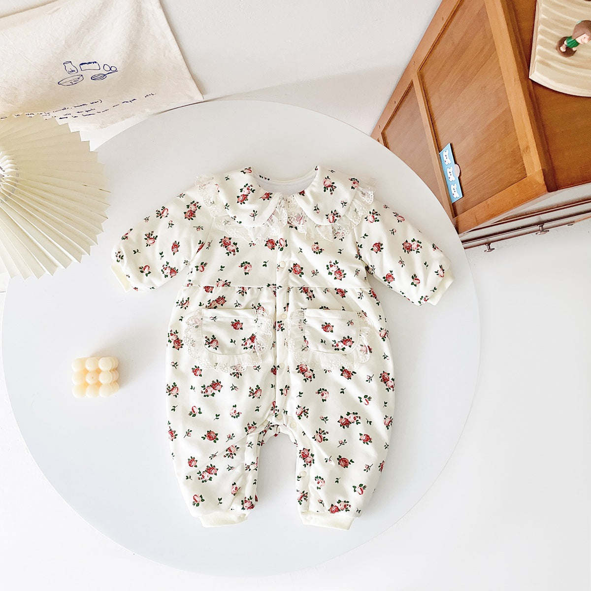 Baby Girl Floral Pattern Mesh Patched Design Doll Neck Jumpsuit