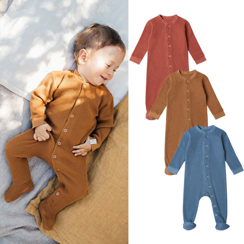 Baby Boy And Girl Waffle Knitted Fabric Solid Color Jumpsuits