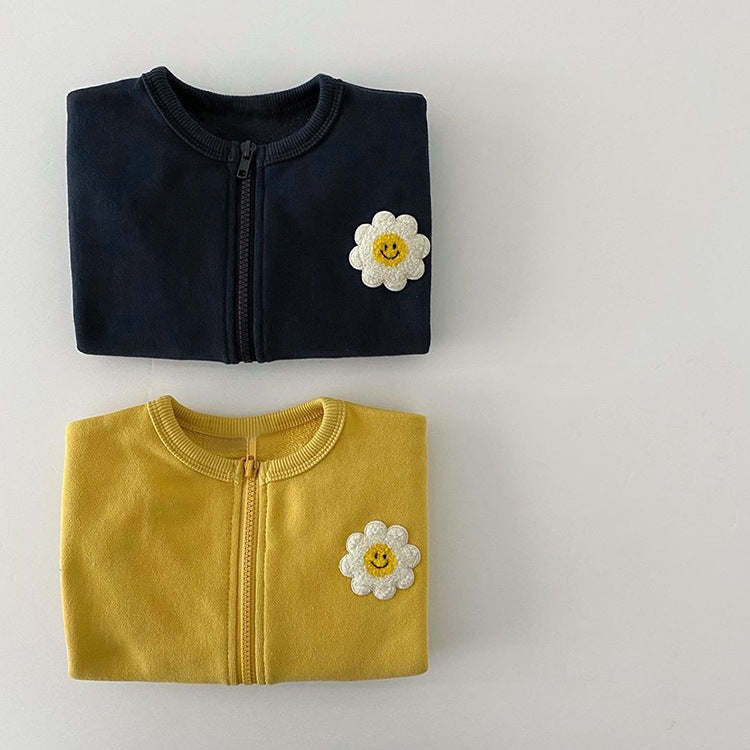 Baby Girl Little Sunflower Patches Pattern Zipper Front Design Cotton Coat