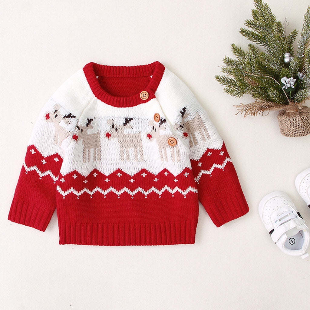 Baby Cartoon Christmas Deer Pattern Shoulder Button Design Knitted Pullover Sweater