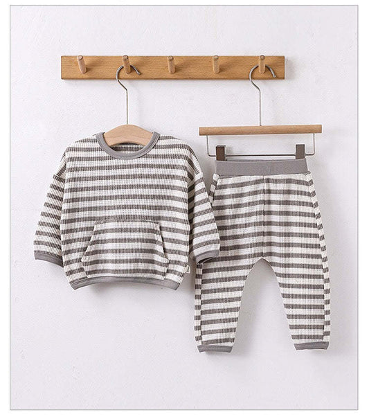 Baby Striped Pattern Or Solid Color Waffle Pocket Hoodie With Pants Sets