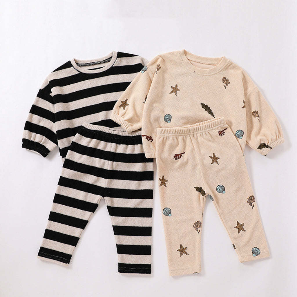 Baby Striped Print Pattern Loose Cotton Hoodie Combo Pants Sets