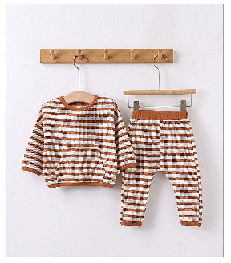 Baby Striped Pattern Or Solid Color Waffle Pocket Hoodie With Pants Sets