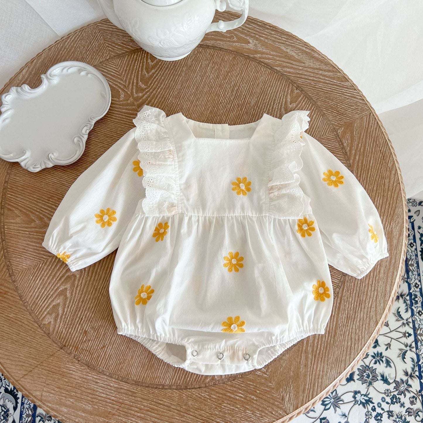 Baby Floral Embroidered Pattern Ruffle Design Square Collar Onesie