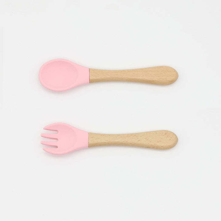 Baby Food Grade Wooden Handles Silicone Spoon Fork Cutlery