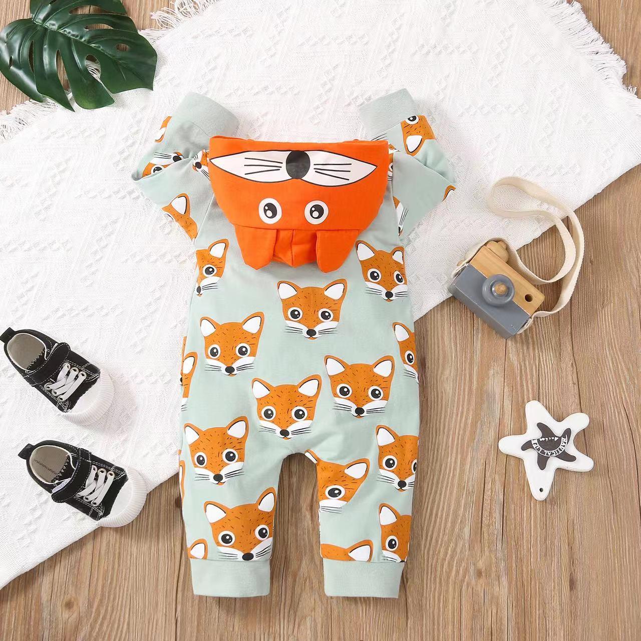 Baby Boy Allover Fox Pattern Button Front Lovely Romper With Hat Rompers