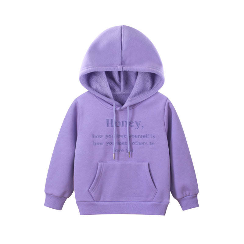 Baby Girl Embroidered Pattern Solid Color Fleece Hooded Sweatshirt