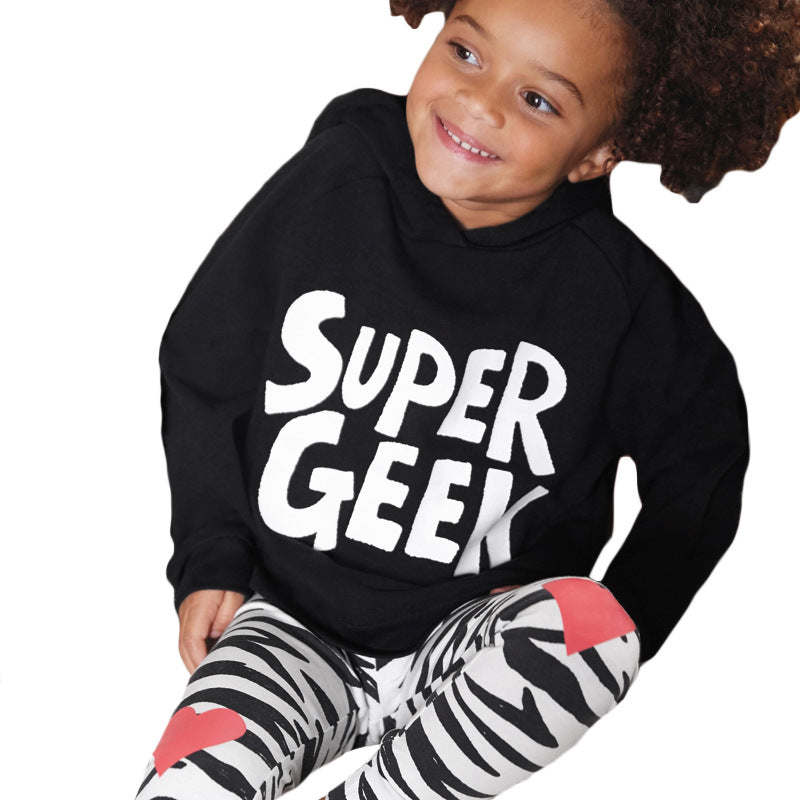 Baby Girl Slogan Graphic Cotton Hoodie With Hat Combo Zebra & Heart Pattern Pants Sets