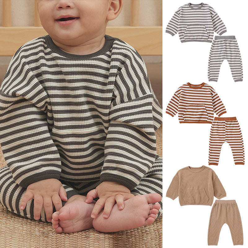 Baby Striped Pattern Or Solid Color Waffle Pocket Hoodie With Pants Sets