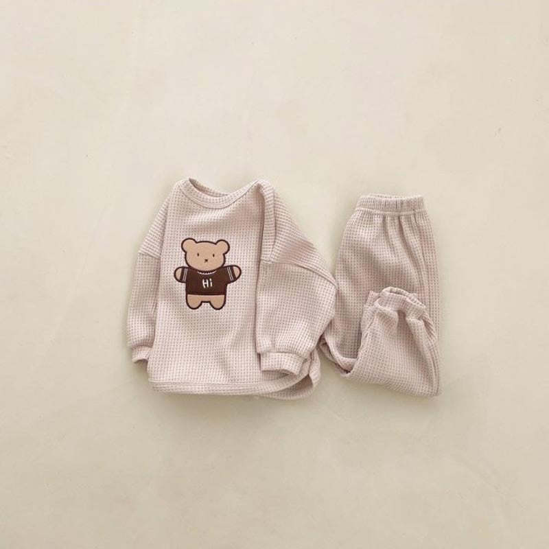 Baby Cartoon Bear Embroidered Pattern Waffle Fabric Hoodies Sets