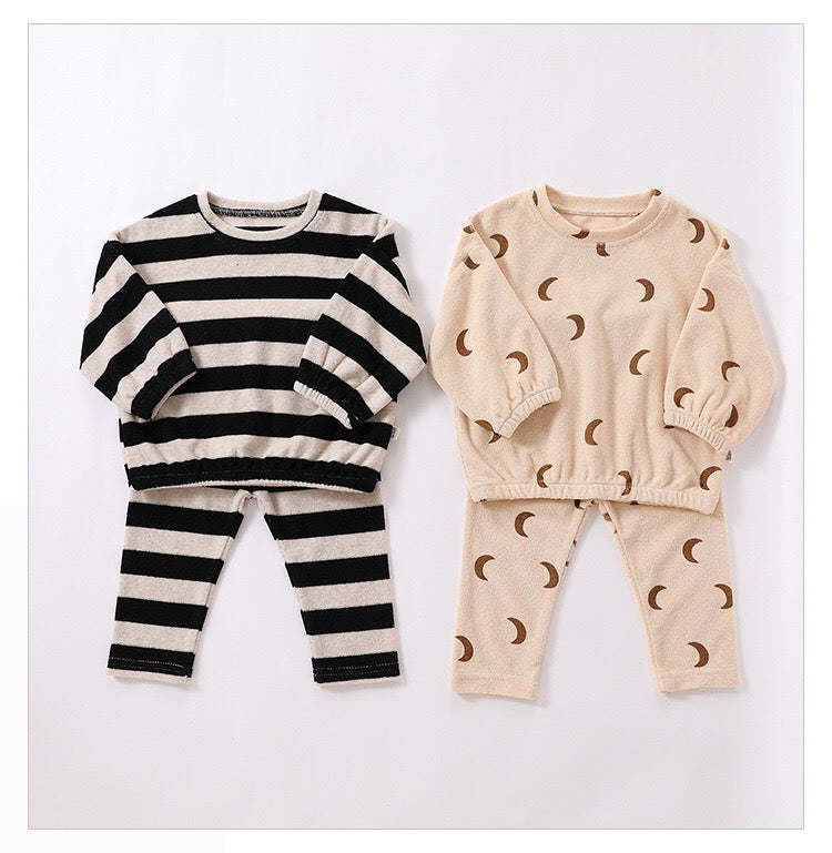 Baby Striped Print Pattern Loose Cotton Hoodie Combo Pants Sets