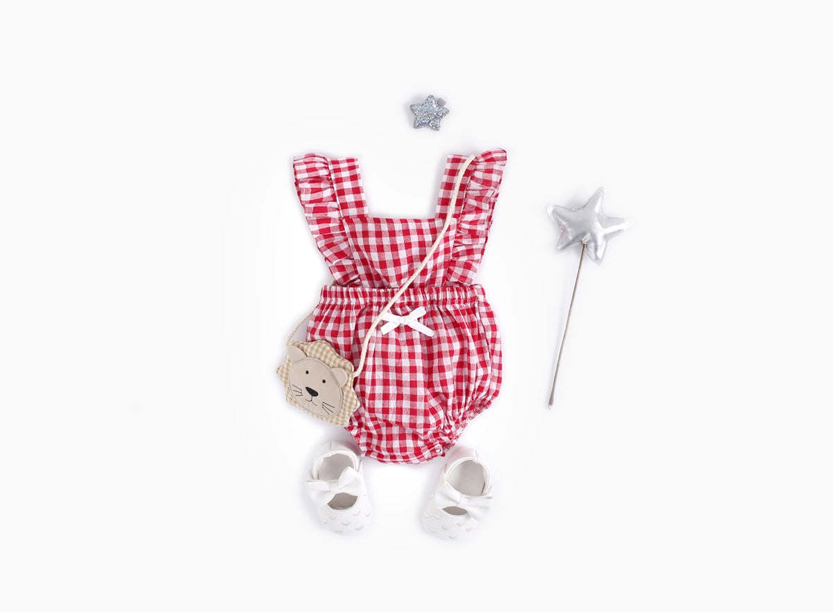 Baby Girl Doll Neck Solid Shirt & Red Plaid Graphic Bow Patched Bodysuit 1 Pieces Sets