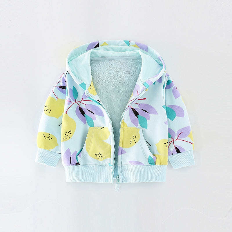 Baby Girl Floral Print Pattern Zipper Design Coat In Autumn Outfit Wearing