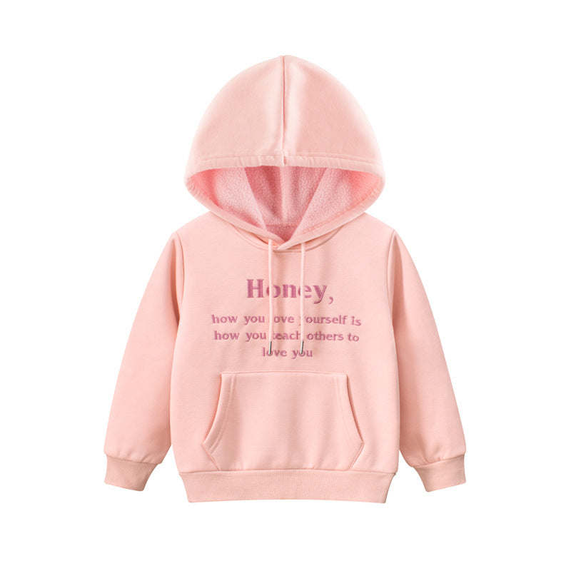 Baby Girl Embroidered Pattern Solid Color Fleece Hooded Sweatshirt