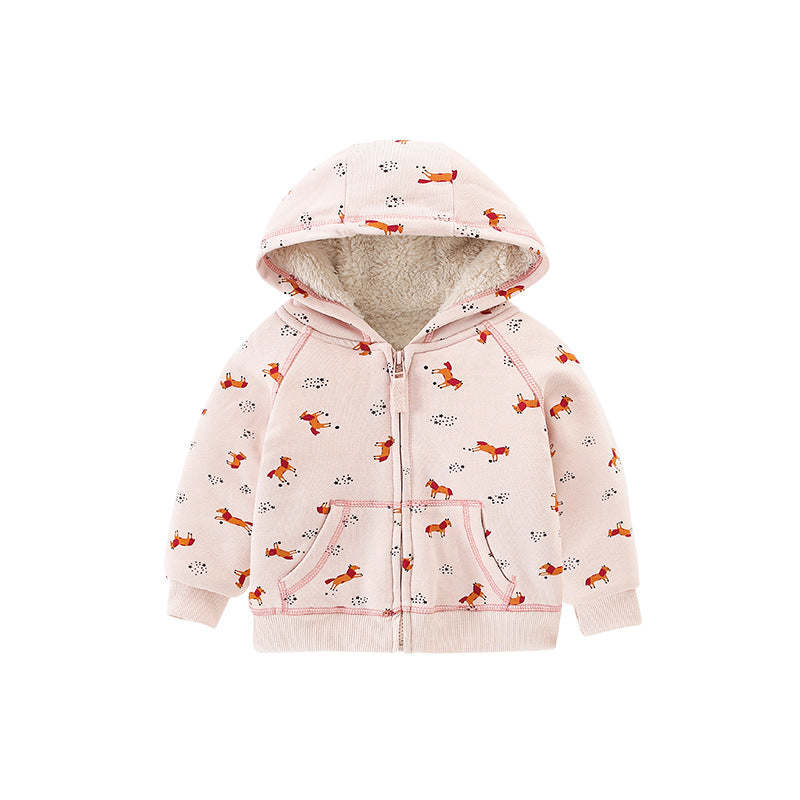 Baby Girl Cartoon Animal Pattern Zipper Front Design Fleece Thickened Coat