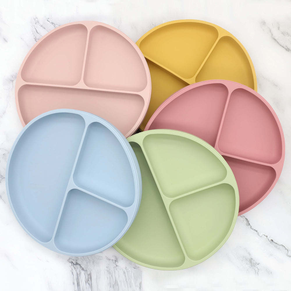 Baby Silicone Round Sucker Compartment Dinner Plate With Spoon Fork Sets