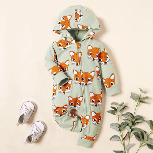 Baby Boy Allover Fox Pattern Button Front Lovely Romper With Hat Rompers