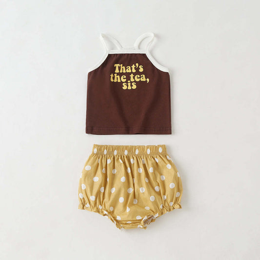 Baby Girl Slogan Pattern Sling Tops Combo Polka Dot Graphic Triangle Shorts 1 Pieces Sets