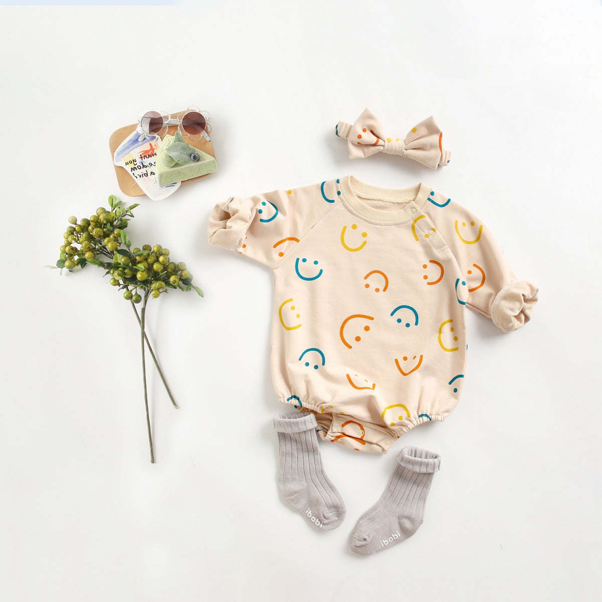 Baby Girl Smiley Print Pattern Long-Sleeve Design Round Collar Onesies