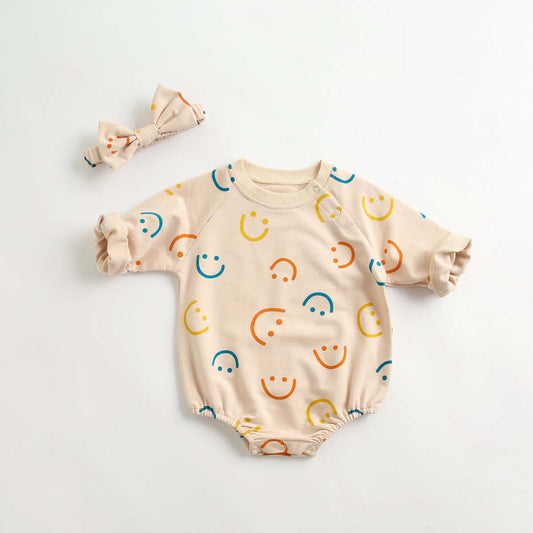 Baby Girl Smiley Print Pattern Long-Sleeve Design Round Collar Onesies