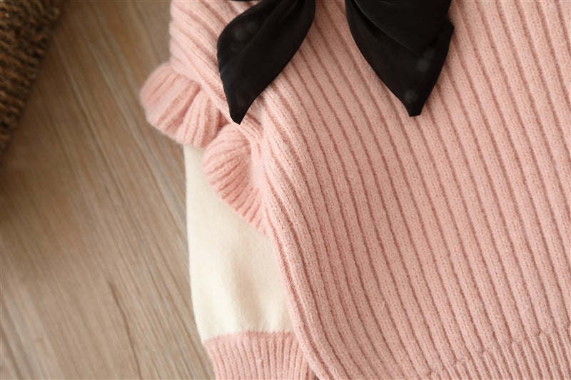 Baby Solid Color Bow Patched Sweater With Pants Sets