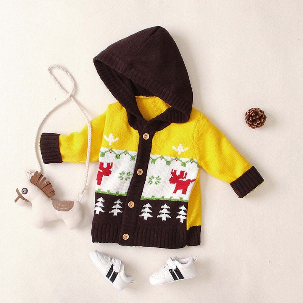 Baby Cartoon Christmas Giraffe Pattern Contrast Design Sweater Cardigan With Hat