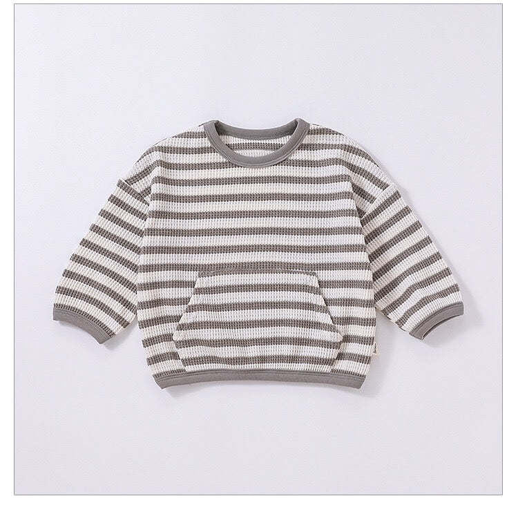 Baby Striped Pattern Or Solid Color Waffle Pocket Hoodie With Pants Sets