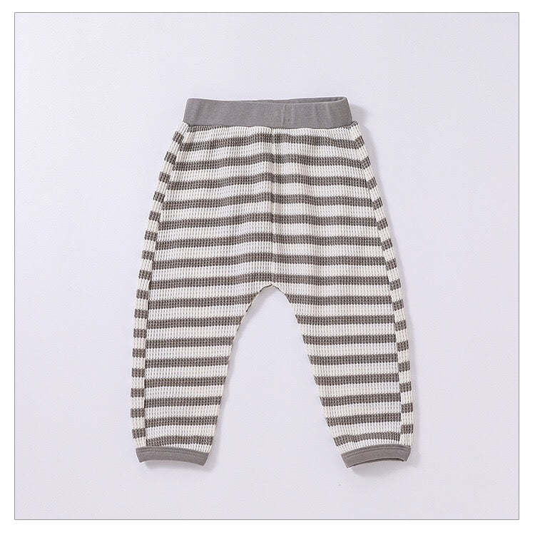 Baby Striped Pattern Or Solid Color Waffle Pocket Hoodie With Pants Sets