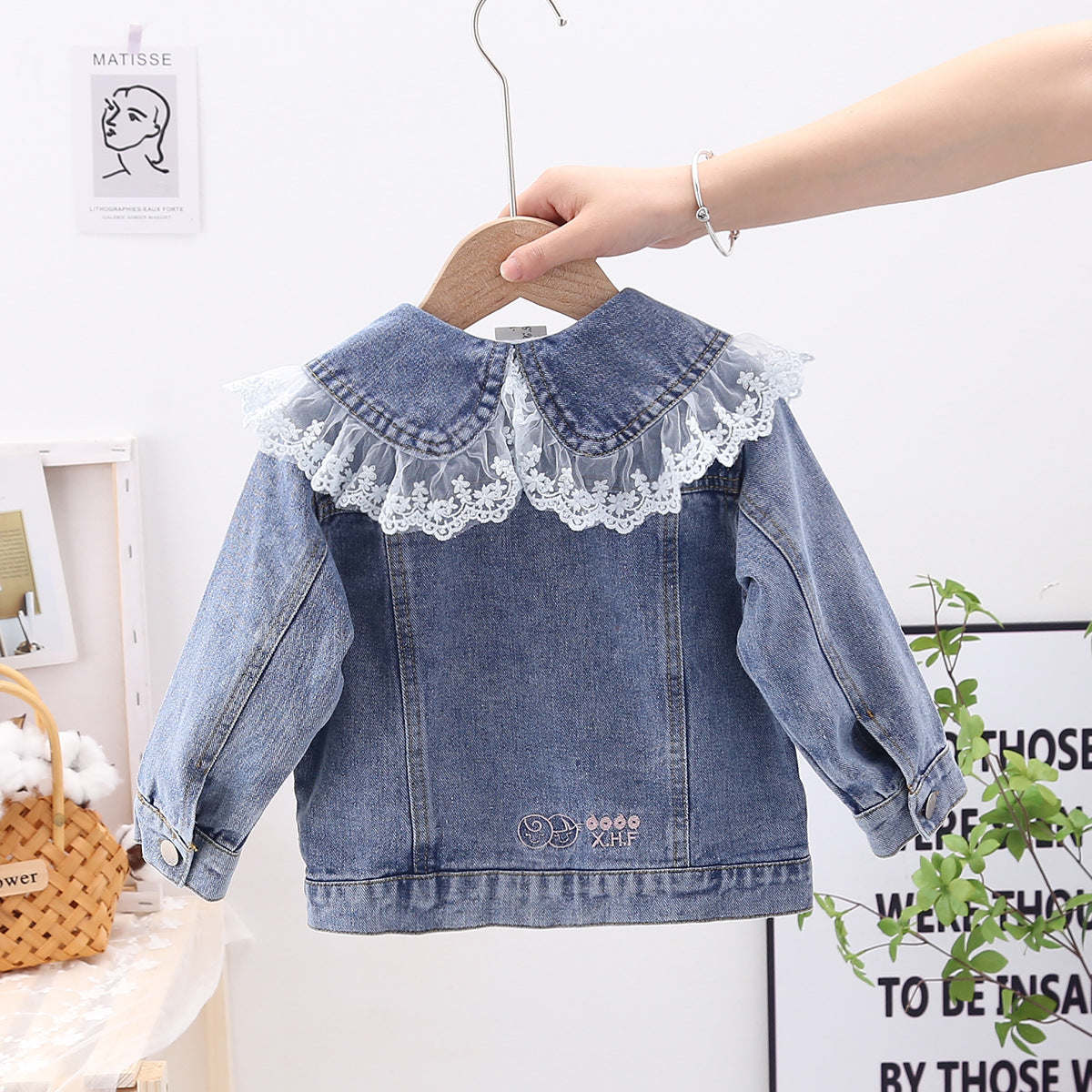 Baby Girl Lace Mesh Patches Doll Neck Button Front Design Sweet Style Denim Coat