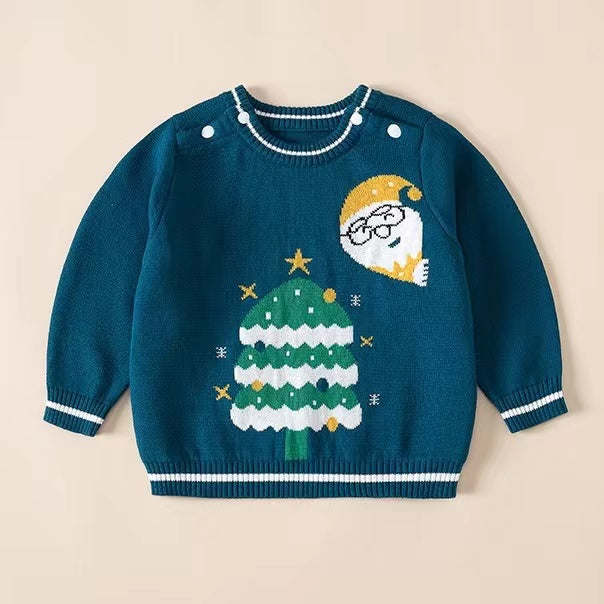 Baby Santas & Christmas Tree Graphic Shoulder Button Design Pullover Sweater