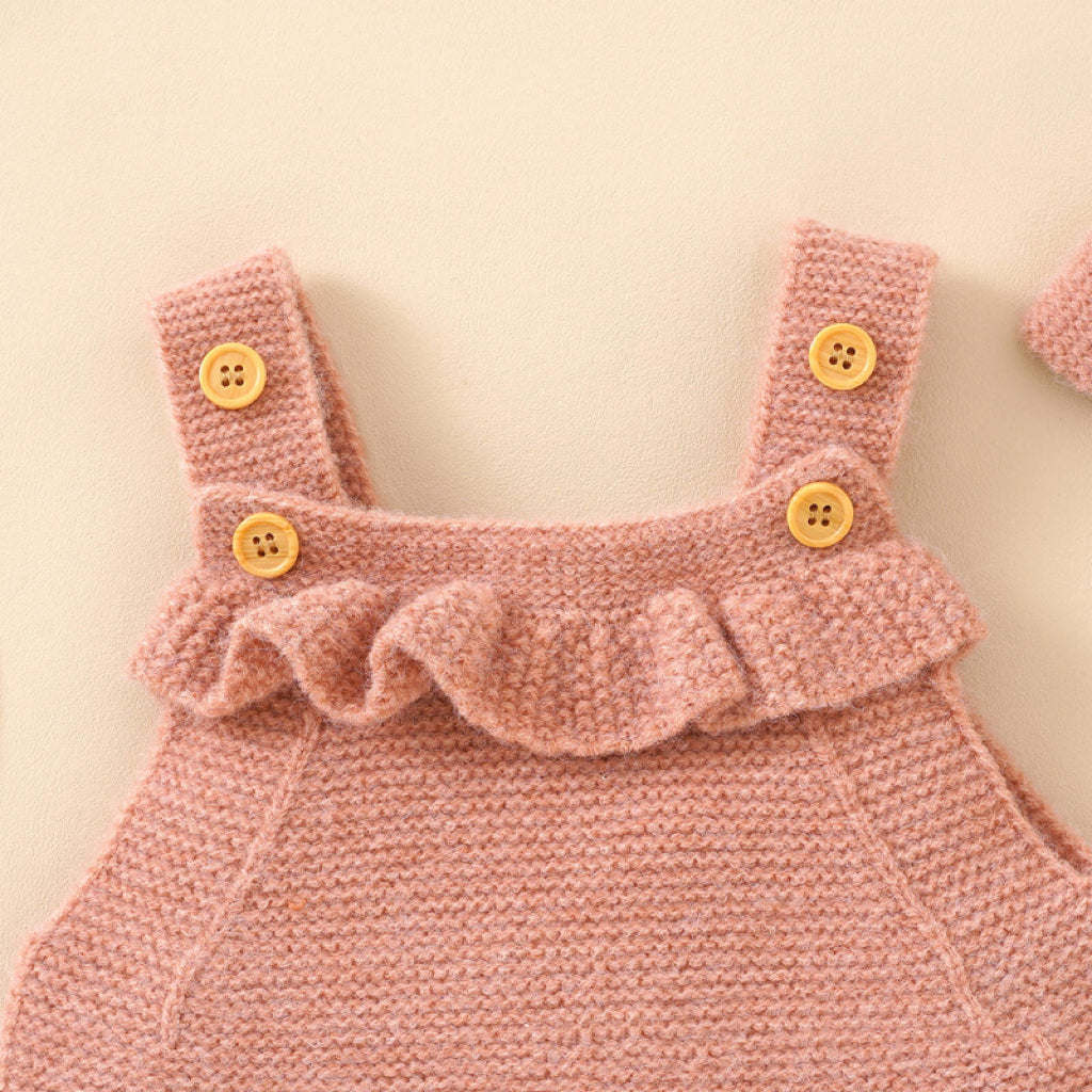 Baby Girl Solid Color Ruffle Design Knit Romper With Headband