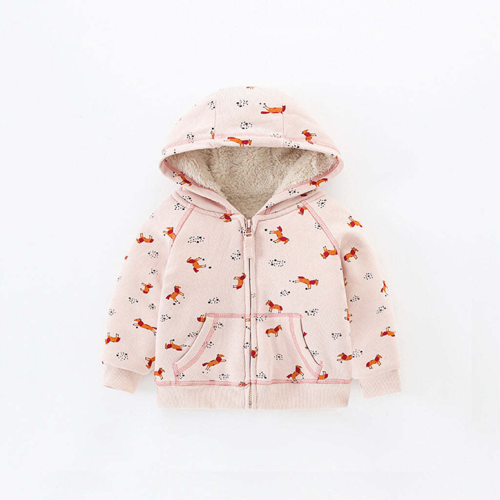 Baby Girl Cartoon Animal Pattern Zipper Front Design Fleece Thickened Coat