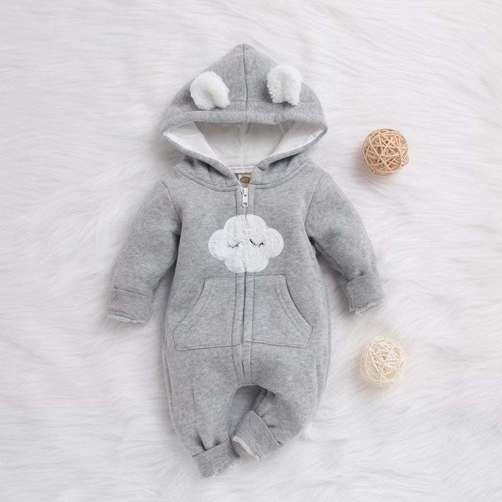 Baby Cartoon Cloud Pattern Zipper Front Solid Color Fleece Rompers With Hat